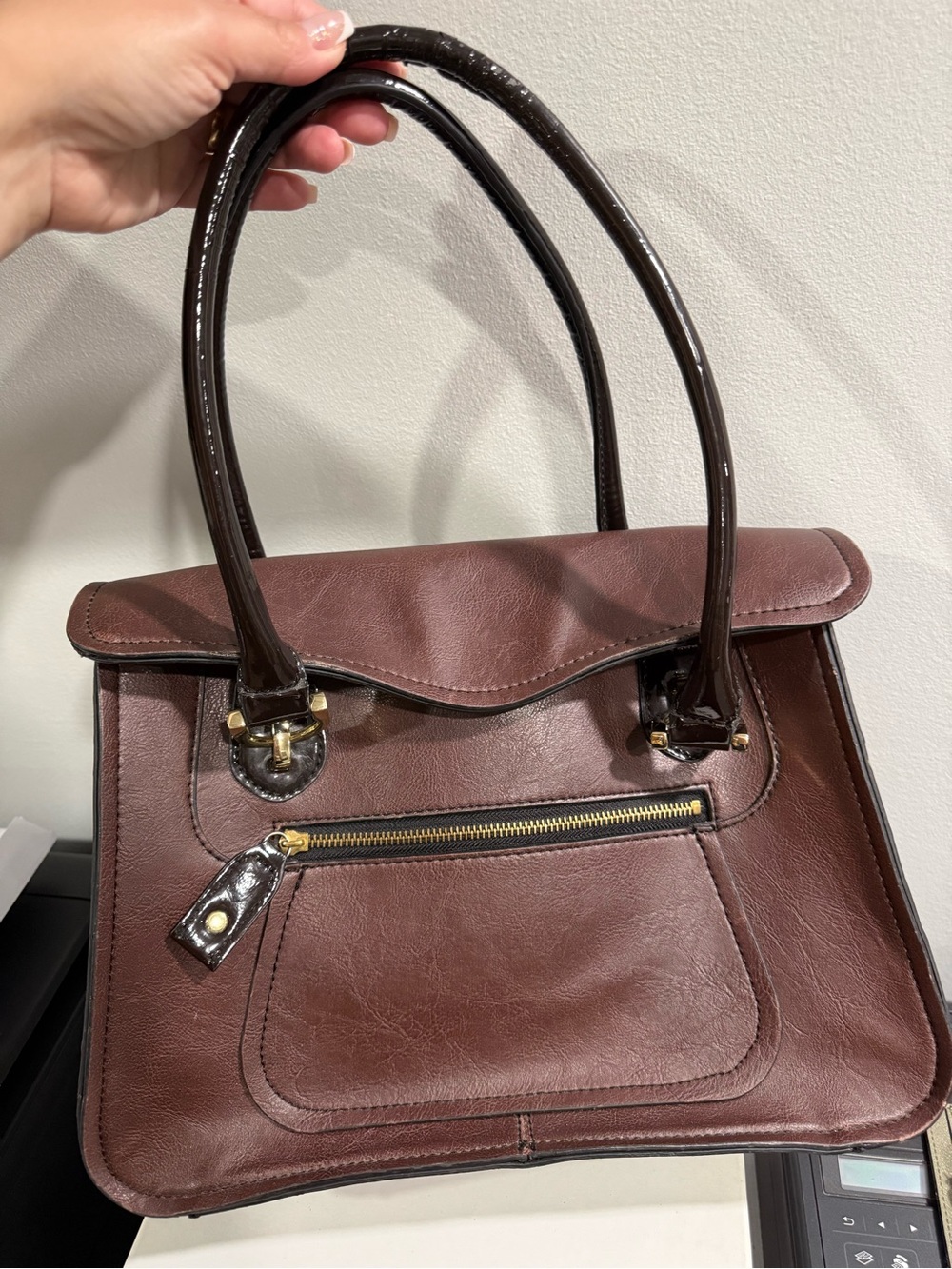 London Fog Brown Satchel with Dark Brown Patent Handles